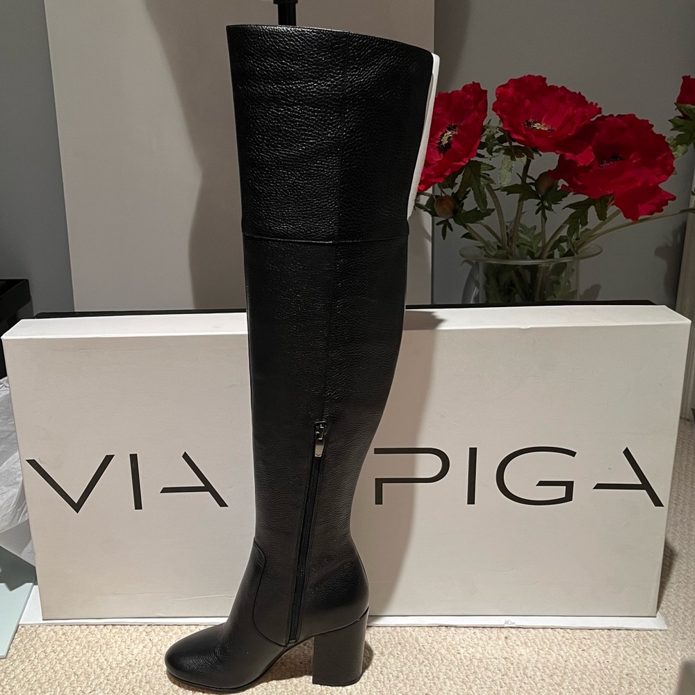 NEW Via Spiga Beline Black Pebbled Leather Over The Knee Boots Sz 5.5 NIB - Picture 6 of 16
